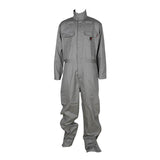 Product Description: The ForgeFR Forge FR 7.5 Oz Coverall MFRCVRL-0014 is a gray, full-length flame-resistant coverall featuring long sleeves, a high collar, and multiple chest pockets. Displayed against a plain white background, this workwear piece emphasizes its practical design and robust structure.