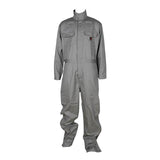 The ForgeFR Forge FR 7.5 Oz Coverall MFRCVRL-0014, a prime example of workwear, features long sleeves and multiple pockets. Its flame-resistant design includes a front zipper and Velcro chest patches for added functionality, with durable fabric ideal for protective environments.