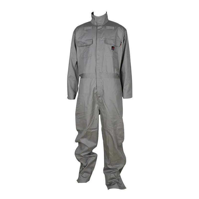 The ForgeFR 7.5 Oz Coverall, model MFRCVRL-0014, is a gray flame-resistant workwear designed with long sleeves, a high collar, multiple pockets, a front zipper, and Velcro closures on the chest and sleeves.