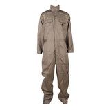 Product: ForgeFR's Forge FR 7.5 Oz Coverall MFRCVRL-0014, featuring a khaki color, long sleeves, buttoned chest pockets, and a high collar, set against a white background.