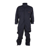 The ForgeFR 7.5 Oz Coverall MFRCVRL-0014 is a navy blue industrial coverall designed for workwear. It features long sleeves, a stand-up collar, and multiple pockets on the chest and legs. Crafted from durable fabric, this flame-resistant clothing prioritizes safety and utility in a variety of work environments.