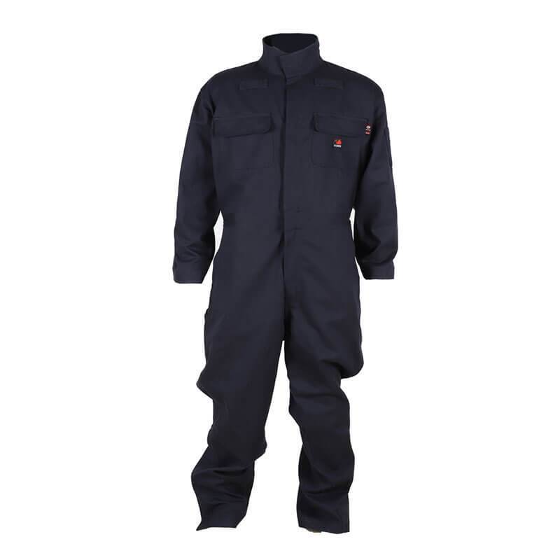 The ForgeFR "Forge FR 7.5 Oz Coverall MFRCVRL-0014" is a dark blue, flame-resistant garment featuring long sleeves and a high collar. Designed as protective workwear, it includes two chest pockets. The coverall's clean appearance is enhanced by the absence of visible logos or branding and is showcased against a simple background.