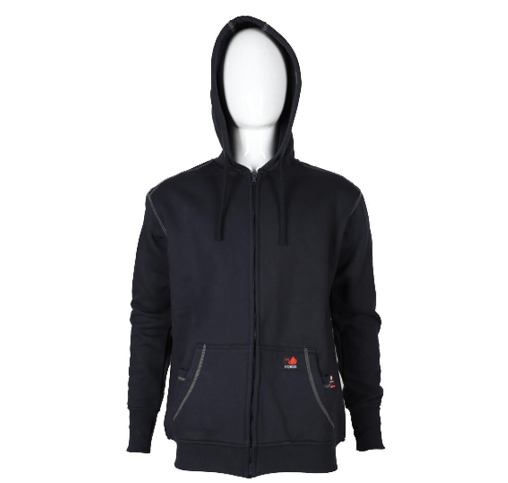 A black zip-up ForgeFR Men's FR Polartec Hoodie MFRFPTH001, complete with a drawstring hood and front pockets, is featured on a faceless mannequin against a white background. Designed to meet NFPA 2112-2018 standards with an ATPV rating of 21 cal/cm2, this hoodie provides both style and safety.