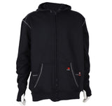 The ForgeFR Men's FR Polartec Hoodie MFRFPTH001 in black, showcased on a mannequin, boasts gray stitching details. It includes front pockets and a subtle red logo on the lower left side. Crafted for comfort and style, this hoodie features long sleeves, a hood, and is designed with a relaxed fit.