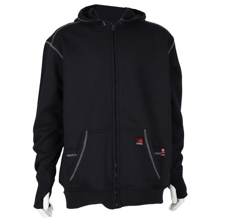 The ForgeFR Men's FR Polartec Hoodie MFRFPTH001 in black features a front zipper and is adorned with two front pockets and gray stitching. It showcases several small red and white logos on the pocket area, meeting NFPA 2112-2018 standards, and is displayed on a mannequin without any visible head or accessories.