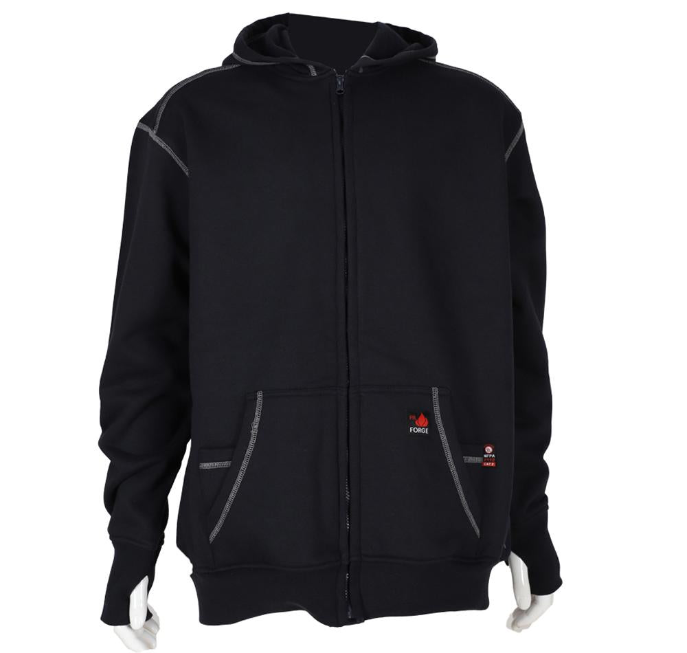 The ForgeFR Men's FR Polartec Hoodie (MFRFPTH001) in black is displayed on a mannequin, showcasing its front pockets and subtle gray stitching. It features a small red logo near the pocket and meets NFPA 2112-2018 standards. The hoodie is shown with its hood down.