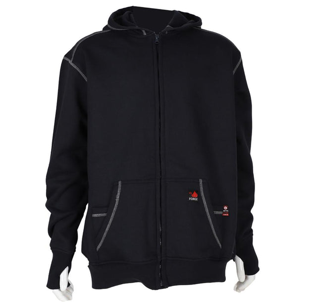 Displayed on a mannequin, the ForgeFR Men's FR Polartec Hoodie (MFRFPTH001) showcases a sleek black design with gray stitching. This zip-up hoodie features two front pockets and is adorned with a small red logo on the left pocket. With an ATPV of 21 cal/cm² and NFPA 2112-2018 compliance, it ensures both safety and style. The mannequin's hands are positioned visibly at its sides.