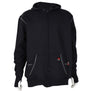 The ForgeFR Men's FR Polartec Hoodie, presented on a mannequin, showcases front pockets and subtle stitching details. It features a small red logo near the pocket and complies with NFPA 2112-2018 standards. Designed by ForgeFR with a hood and long sleeves, this black hoodie combines both style and safety.