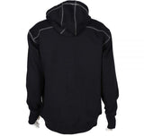 The ForgeFR Forge FR Men's FR Polartec Hoodie MFRFPTH001 in black with white stitching is featured in the image from the back, highlighting its hood, long sleeves, and relaxed fit. This hoodie complies with NFPA 2112-2018 standards for safety and comfort.