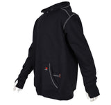 The ForgeFR Men's FR Polartec Hoodie (MFRFPTH001) in black features a front zipper, visible stitching, and two pockets. It includes thumb holes in the cuffs, and a small red logo adorns the lower pocket. The mannequin hands highlight the sleeve design, and this hoodie meets NFPA 2112-2018 safety standards.