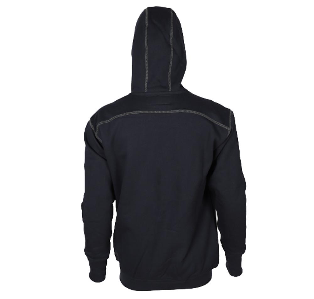 The ForgeFR Men's FR Polartec Hoodie MFRFPTH001 is a black hoodie featuring a visible seam design on the back and a hood that can be worn up, covering the top portion. Crafted from soft and comfortable fabric with long sleeves, this hoodie is ideal for safety as it meets NFPA 2112-2018 standards. The background is white.