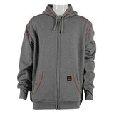 This ForgeFR Men's FR Polartec Hoodie, model MFRFPTH001, in gray with red stitching and a drawstring hood, features a black label with a red emblem on the lower left pocket. Designed to comply with NFPA 2112-2018 standards, it provides superior flame-resistant protection with an ATPV of 21 cal/cm².