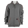 The ForgeFR Men's FR Polartec Hoodie, by ForgeFR, is a gray zip-up hoodie featuring red stitching details on the seams and edges. It includes a hood with drawstrings, a front zipper, and two front pockets. A black and red logo is displayed at the bottom front. This hoodie meets NFPA 2112-2018 standards with an ATPV of 21 cal/cm².