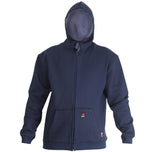 The ForgeFR Men's FR Zip-Up Hoodie MFRHDY-003 is a navy blue fire-resistant pullover with a raised hood that conceals the head. It includes two front pockets and subtle red and white logos on the lower front. This hoodie is certified to NFPA 2112 standards, providing protection with an ATPV rating of 21 cal/cm².