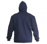 A person is seen from the back wearing a ForgeFR Men's FR Zip-Up Hoodie MFRHDY-003 in navy blue with the hood up. This plain hoodie, meeting NFPA 2112 standards, covers the person's head and upper body against a white background.