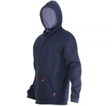 The ForgeFR Men's FR Zip-Up Hoodie (MFRHDY-003) is a navy blue pullover featuring a full zip front, side pockets, and a small red logo on the left pocket. This NFPA 2112 compliant hoodie includes a hood lined with lighter fabric and has an ATPV rating of 21 cal/cm². The mannequin modeling the hoodie has no distinguishing features.