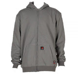 Introducing the ForgeFR Men's FR Zip-Up Hoodie MFRHDY-003: a sleek gray pullover hoodie featuring a convenient front zipper and two practical pockets. Designed with ribbed cuffs and hem, it also showcases a stylish black and red logo patch near the hem on the left side. Ideal for those who desire comfort without compromising on functionality.