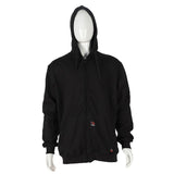 A mannequin wears the ForgeFR Men's FR Zip-Up Hoodie MFRHDY-003, emphasizing its hood, long sleeves, and a discreet patch near the waist. Crafted for safety, it complies with NFPA 2112 standards. The simple presentation against a plain white background highlights the hoodie’s elegant design.