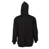 The image showcases the back view of a plain black Forge FR Men's FR Zip-Up Hoodie MFRHDY-003. With its hood up, this ForgeFR sweatshirt features long sleeves and a relaxed fit, complying with NFPA 2112 safety standards.