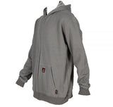 The ForgeFR Forge FR Men's FR Zip-Up Hoodie MFRHDY-003 in gray features a front zipper, long sleeves, and two front pockets. It seamlessly incorporates small black and red tags on the pocket and lower side seam. This hoodie meets NFPA 2112 standards, providing high safety assurance.