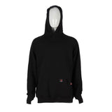 Displayed on a mannequin with a plain white face is the ForgeFR Pullover Hoodie MFRHDY0033, a black FR hoodie that meets NFPA 2112 standards. It includes a front pocket and features a small tag near the pocket, all set against a plain white background. The hoodie has an ATPV rating of 21 cal/cm².