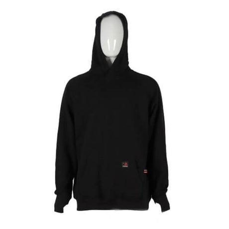 The ForgeFR Pullover Hoodie MFRHDY0033, a plain black garment, is showcased on a mannequin with a white face. This hoodie meets NFPA 2112 standards and provides ATPV 21 cal/cm² protection. It features long sleeves and includes a front pocket.