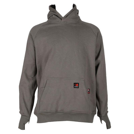 The ForgeFR Forge FR Pullover Hoodie MFRHDY0033 is a gray sweatshirt featuring a front pocket and a small black and red tag. It complies with NFPA 2112 standards, includes long sleeves with thumbholes, and offers a simple design with an ATPV of 21 cal/cm² for enhanced safety.