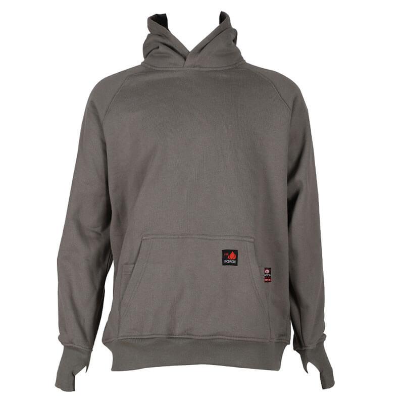 The ForgeFR Forge FR Pullover Hoodie MFRHDY0033 in gray includes a front pocket and high collar, long sleeves with thumb holes, and is stylishly accented by a small black and red logo on the pocket. It meets NFPA 2112 standards and has an ATPV rating of 21 cal/cm². The hoodie is displayed against a white background for clarity.