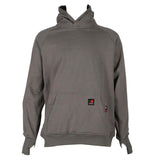 The ForgeFR Forge FR Pullover Hoodie (MFRHDY0033) is a gray hooded sweatshirt featuring long sleeves and a front pocket. It also includes a small red and black patch with a flame icon and the word "FORCE" on the lower left side. The sweatshirt is showcased against a plain white background.