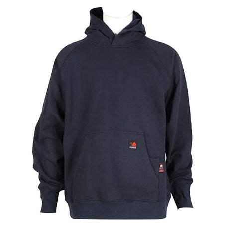 The ForgeFR FR Pullover Hoodie MFRHDY0033 is a plain black hoodie with long sleeves and a front pocket. It includes red and white branding tags on the pocket and meets NFPA 2112 standards.