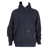 The ForgeFR Forge FR Pullover Hoodie MFRHDY0033, in black, is showcased on a plain white mannequin torso. It features a front pocket and a subtle red flame logo near the bottom. This hoodie complies with NFPA 2112 standards and provides ATPV 21 cal/cm² protection.