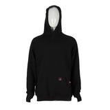 The mannequin displays the ForgeFR FR Pullover Hoodie (Model: MFRHDY0033), which adheres to NFPA 2112 standards. It has a simple black design with a small red and white tag at the hem, providing an ATPV of 21 cal/cm² for improved safety.