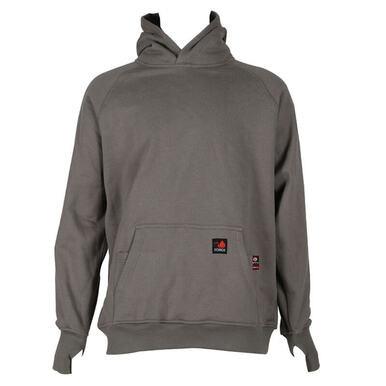 The ForgeFR Pullover Hoodie (MFRHDY0033), displayed against a white background, features long sleeves and a front kangaroo pocket accented with small sewn-on patches. Its straightforward, casual design complies with ATPV 21 cal/cm2 standards and NFPA 2112 for improved safety.