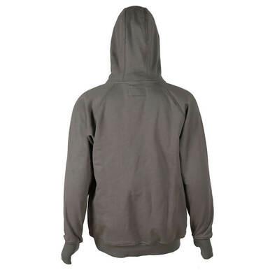 In the image, a person is seen from behind wearing the ForgeFR Forge FR Pullover Hoodie MFRHDY0033 in a plain olive green color. The hood is up, covering their head. This relaxed-fit hoodie with long sleeves complies with NFPA 2112 standards. The person's arms rest at their sides against a white background.