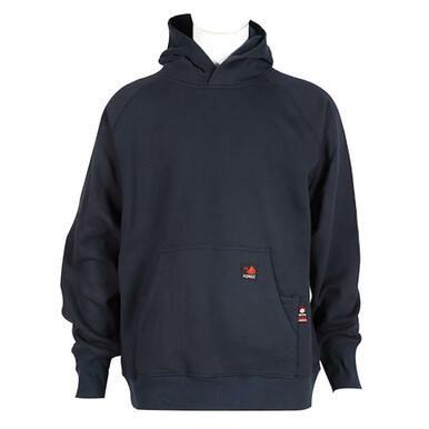 The ForgeFR Forge FR Pullover Hoodie MFRHDY0033, a black flame-resistant pullover hoodie with a front pocket and two small red logo tags, is showcased against a plain white background.