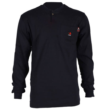 The ForgeFR Henley MFRHNLY-004 is a black long-sleeve shirt featuring a buttoned collar and a chest pocket adorned with a small flame logo and the word "FIRE." It meets NFPA 2112 standards and offers an arc rating of ATPV 11 cal/cm² for enhanced safety.