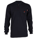 The ForgeFR Henley MFRHNLY-004 is a black long-sleeve shirt featuring a buttoned collar and chest pocket. It offers an arc rating of ATPV 11 cal/cm² and meets NFPA 2112 standards, enhanced by a small red flame logo above the pocket and an additional design on the upper right sleeve.