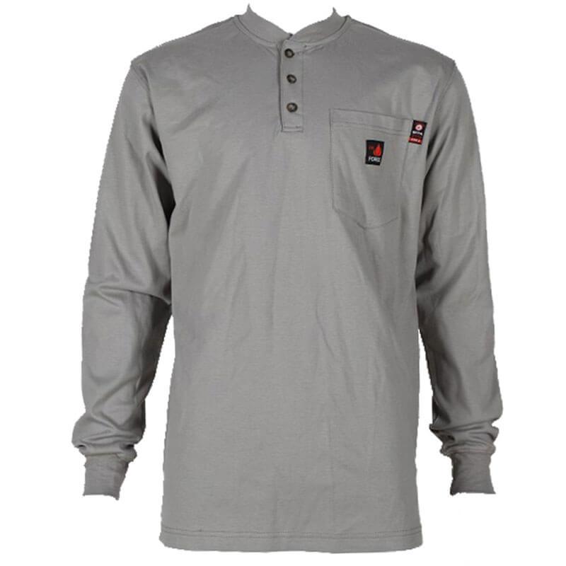 The ForgeFR Henley MFRHNLY-004 is a long-sleeved gray shirt with a Henley-style buttoned neck and a convenient chest pocket. It includes two small rectangular labels above the pocket. Designed for safety, it meets NFPA 2112 standards and provides an arc rating ATPV of 11 cal/cm² for enhanced protection.