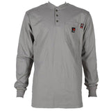 The front view showcases a gray ForgeFR Henley long-sleeve shirt, model MFRHNLY-004, featuring a buttoned neckline and chest pocket. It includes small patches or logos above the pocket and on the sleeve, and boasts an arc rating of ATPV 11 cal/cm² for enhanced safety and style.