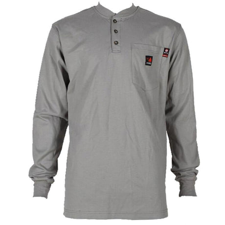 The ForgeFR Henley MFRHNLY-004 is a gray, NFPA 2112-certified long-sleeve shirt featuring a buttoned neckline and a front pocket with small logo patches. It boasts an impressive arc rating of ATPV 11 cal/cm² and is displayed against a plain white background.