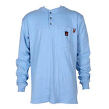 Introducing the ForgeFR Forge FR Henley MFRHNLY-004, a light blue long-sleeve shirt with a button-up neckline and a chest pocket showcasing a small red and black logo. This shirt combines casual, relaxed comfort with safety, featuring NFPA 2112 compliance and boasting an arc rating ATPV of 11 cal/cm².