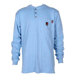 The ForgeFR Henley MFRHNLY-004 is a light blue long-sleeve henley shirt featuring three buttons and a chest pocket adorned with two small rectangular logo patches. This stylish garment meets NFPA 2112 standards and offers an arc rating of ATPV 11 cal/cm², providing enhanced safety.