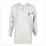 The ForgeFR Henley MFRHNLY-004 is a light gray long-sleeve shirt with a round neckline, buttoned placket, and chest pocket. It features small logos near the pocket and on the upper chest. This shirt complies with NFPA 2112 standards and boasts an impressive arc rating ATPV of 11 cal/cm².