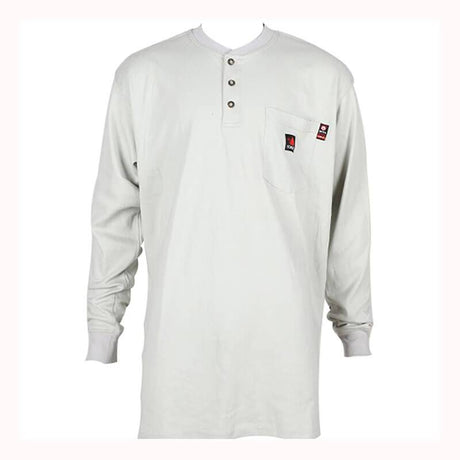 The ForgeFR Henley MFRHNLY-004 is a light gray long-sleeve shirt with a round neckline, buttoned placket, and chest pocket. It features small logos near the pocket and on the upper chest. This shirt complies with NFPA 2112 standards and boasts an impressive arc rating ATPV of 11 cal/cm².