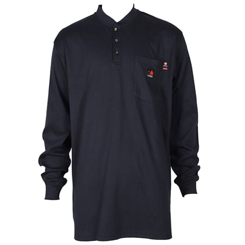 Introducing the ForgeFR Henley MFRHNLY-004: A long-sleeve black shirt featuring a buttoned collar and chest pocket with a small embroidered logo for a touch of color. This stylish piece combines safety with style, boasting an impressive arc rating ATPV 11 cal/cm².