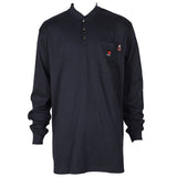 The ForgeFR Henley MFRHNLY-004 is a black, long-sleeve shirt featuring three buttons and a chest pocket with a small logo. It is designed with an arc rating of ATPV 11 cal/cm² and meets the NFPA 2112 standards for excellent safety and style.