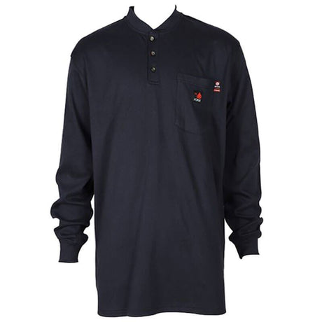 The ForgeFR Forge FR Henley MFRHNLY-004, in black, is an NFPA 2112-compliant long-sleeve shirt featuring three buttons and a chest pocket adorned with embroidered logos and text. With an ATPV arc rating of 11 cal/cm², this shirt blends a casual and comfortable design with vital safety features.