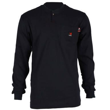 Introducing the ForgeFR Henley MFRHNLY-004, a stylish black long-sleeve shirt featuring two buttons at the collar and a left chest pocket. The pocket has a small red logo, and the shirt is designed with an arc rating ATPV of 11 cal/cm² for enhanced safety and style.