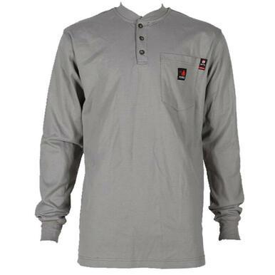 The ForgeFR Henley, model MFRHNLY-004, is a gray long-sleeve shirt featuring a three-button placket and logos. It includes a small chest pocket on the left side. This NFPA 2112-compliant garment combines style with safety, offering an impressive arc rating ATPV of 11 cal/cm².