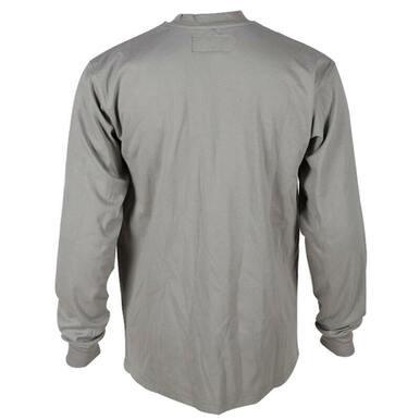 The ForgeFR Henley, model MFRHNLY-004, is shown from the back. This long-sleeved gray shirt features a crew neck and ribbed cuffs while meeting NFPA 2112 safety standards.